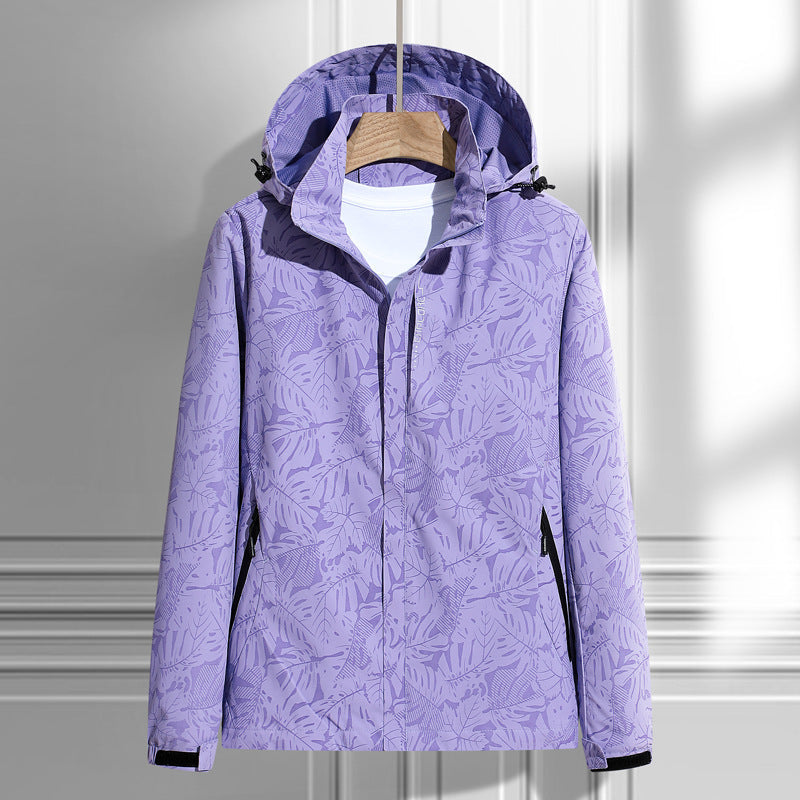 Lightweight rain jacket with hood, leaf print, front zipper, lavender with dark trim