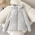 Women’s light hybrid quilted jacket with hood, light gray-white, zip-up on chair