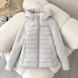 Women’s light hybrid quilted jacket with hood, light gray-white, zip-up on chair
