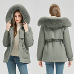 Short parka coat in gray-green with faux fur hood trim and drawstring waist