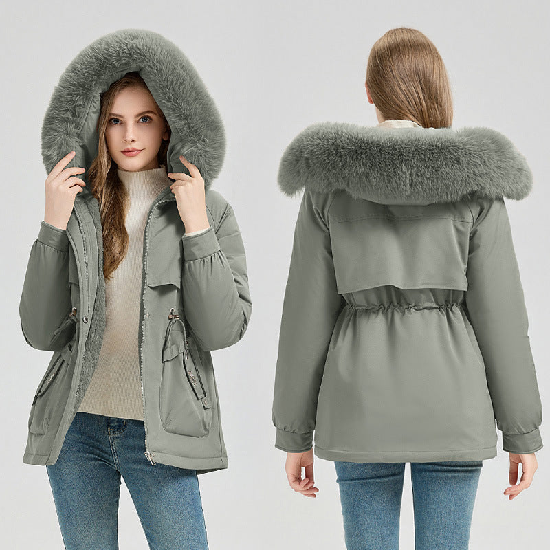 Short parka coat in gray-green with faux fur hood trim and drawstring waist
