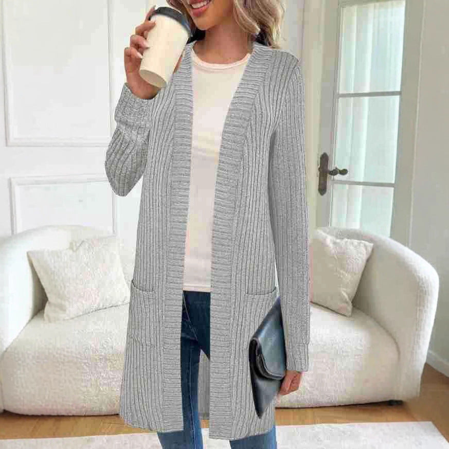 Longline rib-knit cardigan, long sleeves, open front, side pockets, light gray
