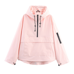 Light pink hooded windbreaker jacket with zip front, drawstring cords, pouch pocket