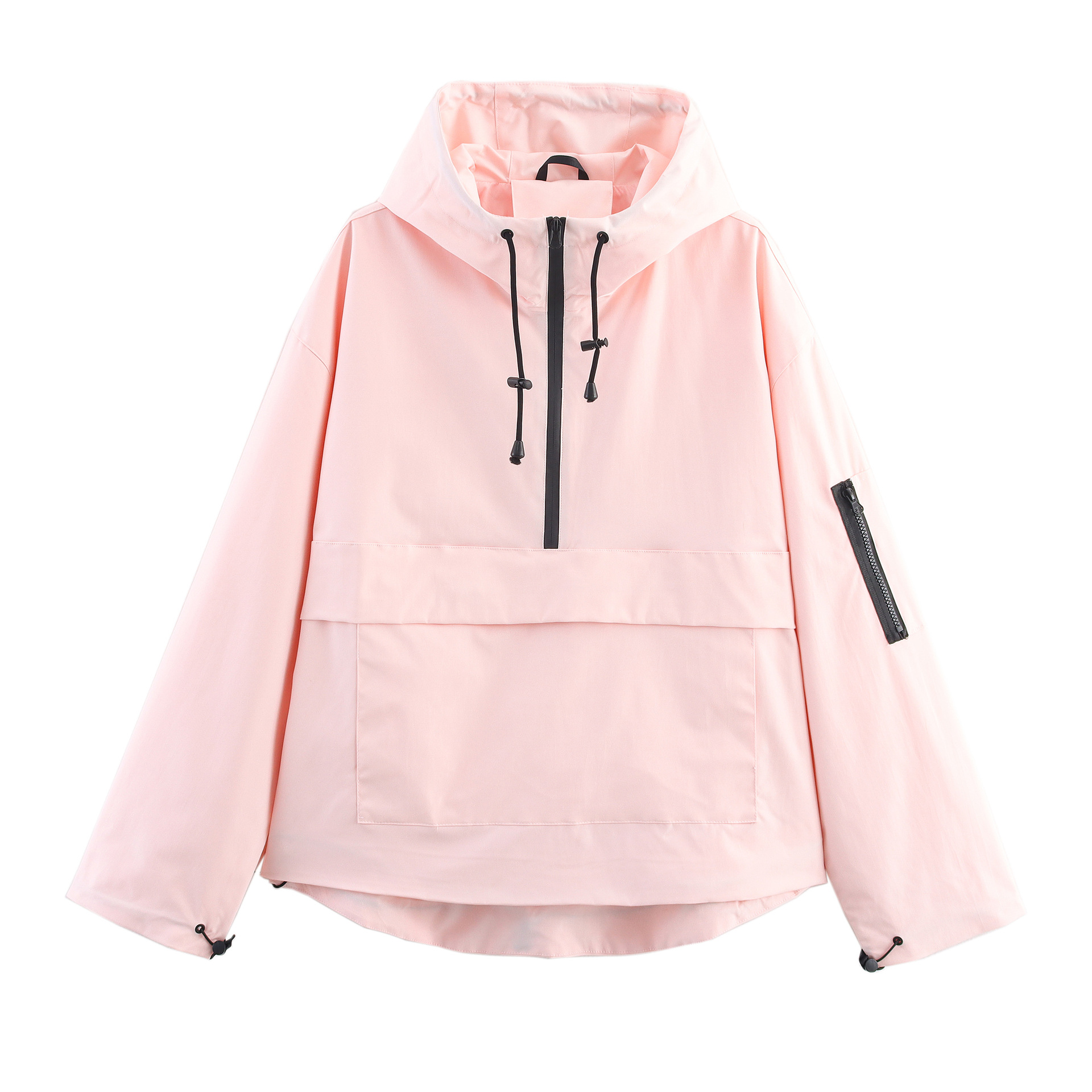 Light pink hooded windbreaker jacket with zip front, drawstring cords, pouch pocket