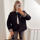 Quilted button-front jacket with pockets and round neckline, dark color