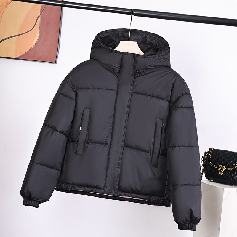 Black padded hooded jacket with two front pockets and elastic cuffs