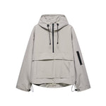 Light gray hooded windbreaker jacket with zip front, drawstring hood cords, pouch pocket