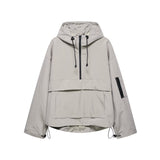 Light gray hooded windbreaker jacket with zip front, drawstring hood cords, pouch pocket