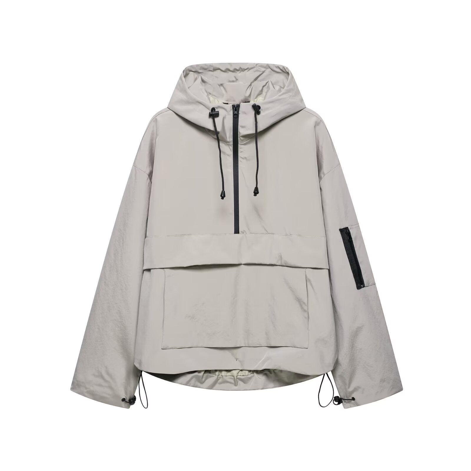 Light gray hooded windbreaker jacket with zip front, drawstring hood cords, pouch pocket