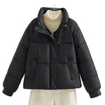 Black boxy short quilted jacket with stand collar and front zipper