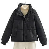 Black boxy short quilted jacket with stand collar and front zipper