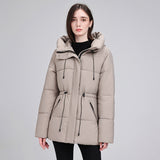 Quilted hooded puffer parka with adjustable waist drawcord and ribbed cuffs, beige-gray