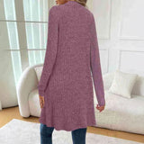 Longline rib-knit cardigan, long sleeves, open back view, mauve-purple, side pockets