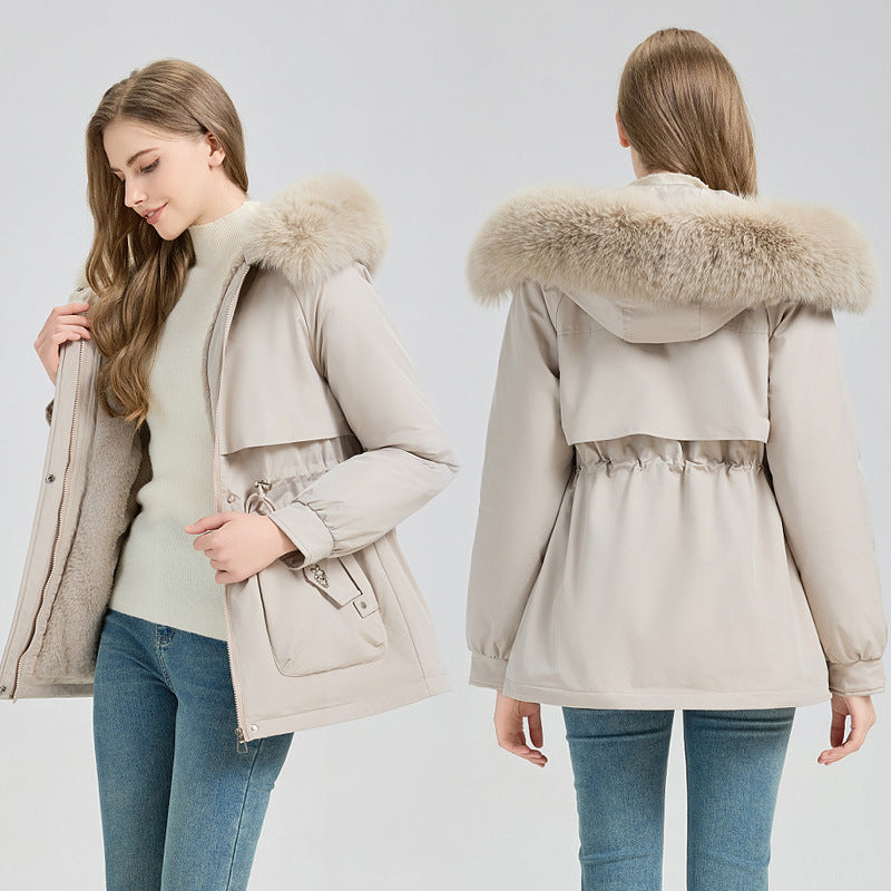 Short parka coat in light beige with faux fur hood trim and drawstring waist