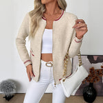 Beige long zip bomber cardigan with red-striped rib trim and side pockets, open front