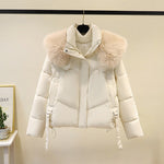 Women's short quilted puffer jacket with faux fur collar, off-white, front zipper, waist ties
