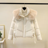 Women's short quilted puffer jacket with faux fur collar, off-white, front zipper, waist ties