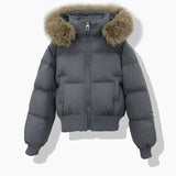 Women's short quilted blouson with removable hood, dark gray, faux-fur trim, zip front