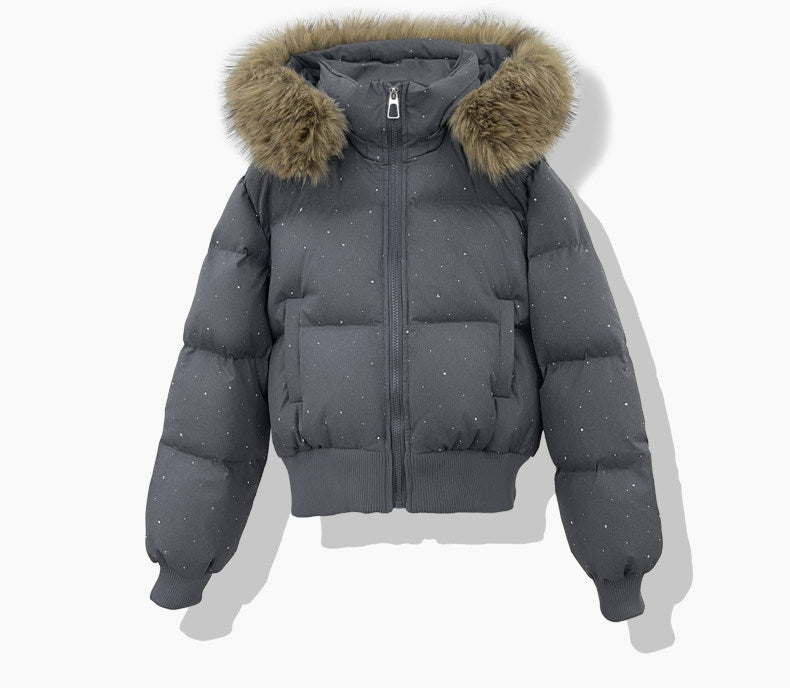 Women's short quilted blouson with removable hood, dark gray, faux-fur trim, zip front