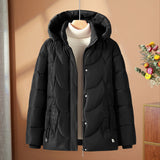 Black quilted thermo outdoor jacket with hood, full zip, floral embroidery detail