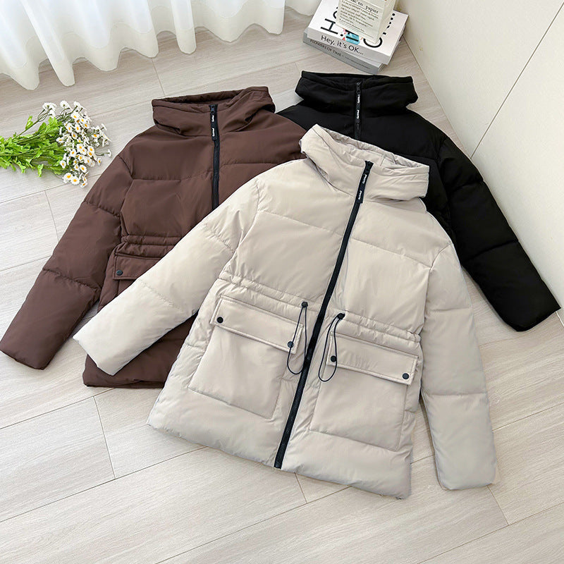 Women’s mid-length thermal parka in light gray and dark brown with hood and drawstring