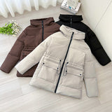 Women’s mid-length thermal parka in light gray and dark brown with hood and drawstring