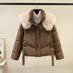 Women's short quilted puffer jacket with faux fur collar, brown, front zipper, waist ties