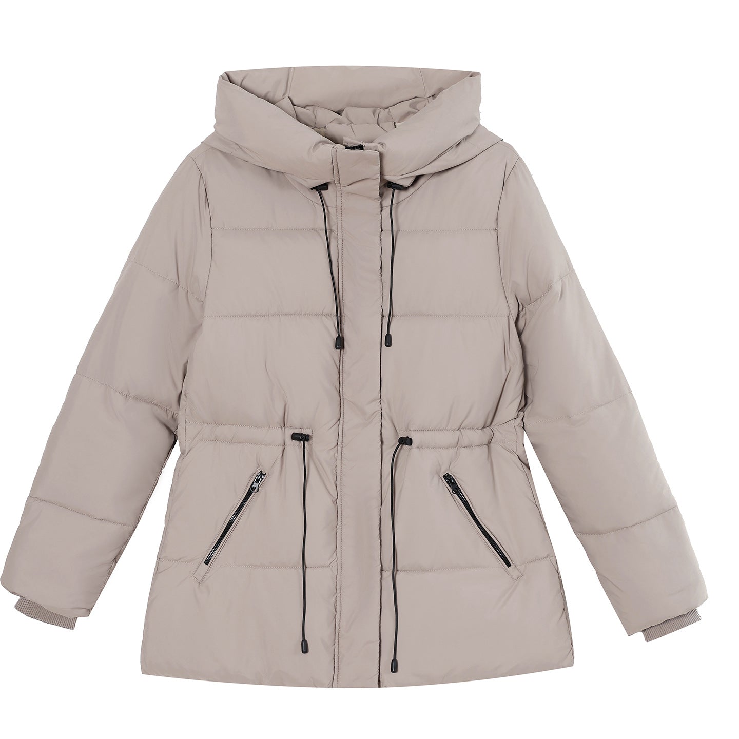 Quilted hooded puffer parka with adjustable waist drawcord and ribbed cuffs, light taupe