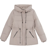 Quilted hooded puffer parka with adjustable waist drawcord and ribbed cuffs, light taupe