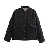 Quilted button-front jacket with pockets and round neckline, black