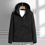 Black hooded rain & wind jacket with leaf pattern, front zip closure