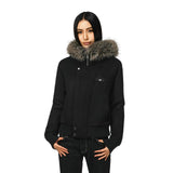 Black short bomber jacket with fur-trim hood, snap buttons, front zip