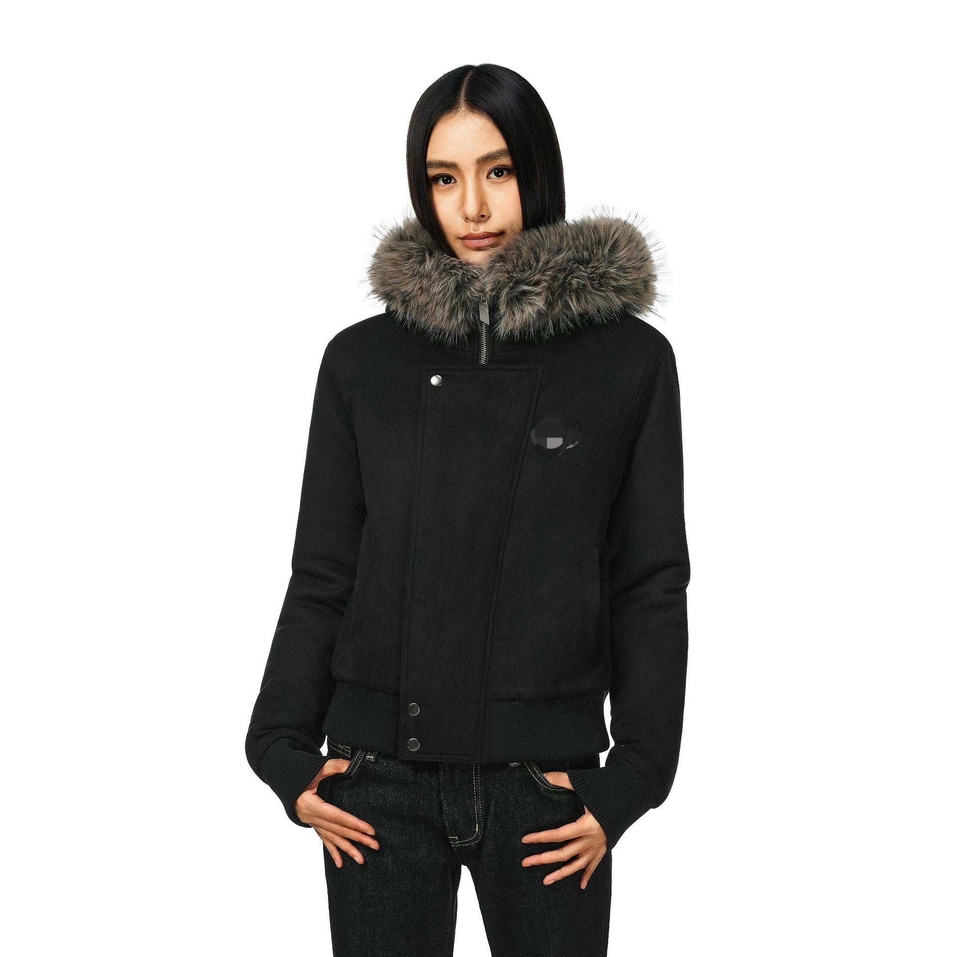 Black short bomber jacket with fur-trim hood, snap buttons, front zip