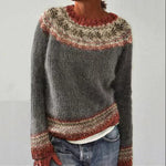 Retro knit sweater, dark gray with rust-red and cream stripe trim at hem and cuffs