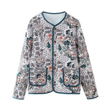 Women's patterned zip-front jacket with round neck, long sleeves, blue trim and patch pockets