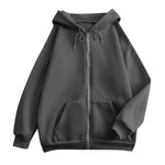 Charcoal gray zip-up hooded jacket with kangaroo pocket and drawstring hood