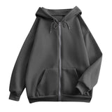 Charcoal gray zip-up hooded jacket with kangaroo pocket and drawstring hood