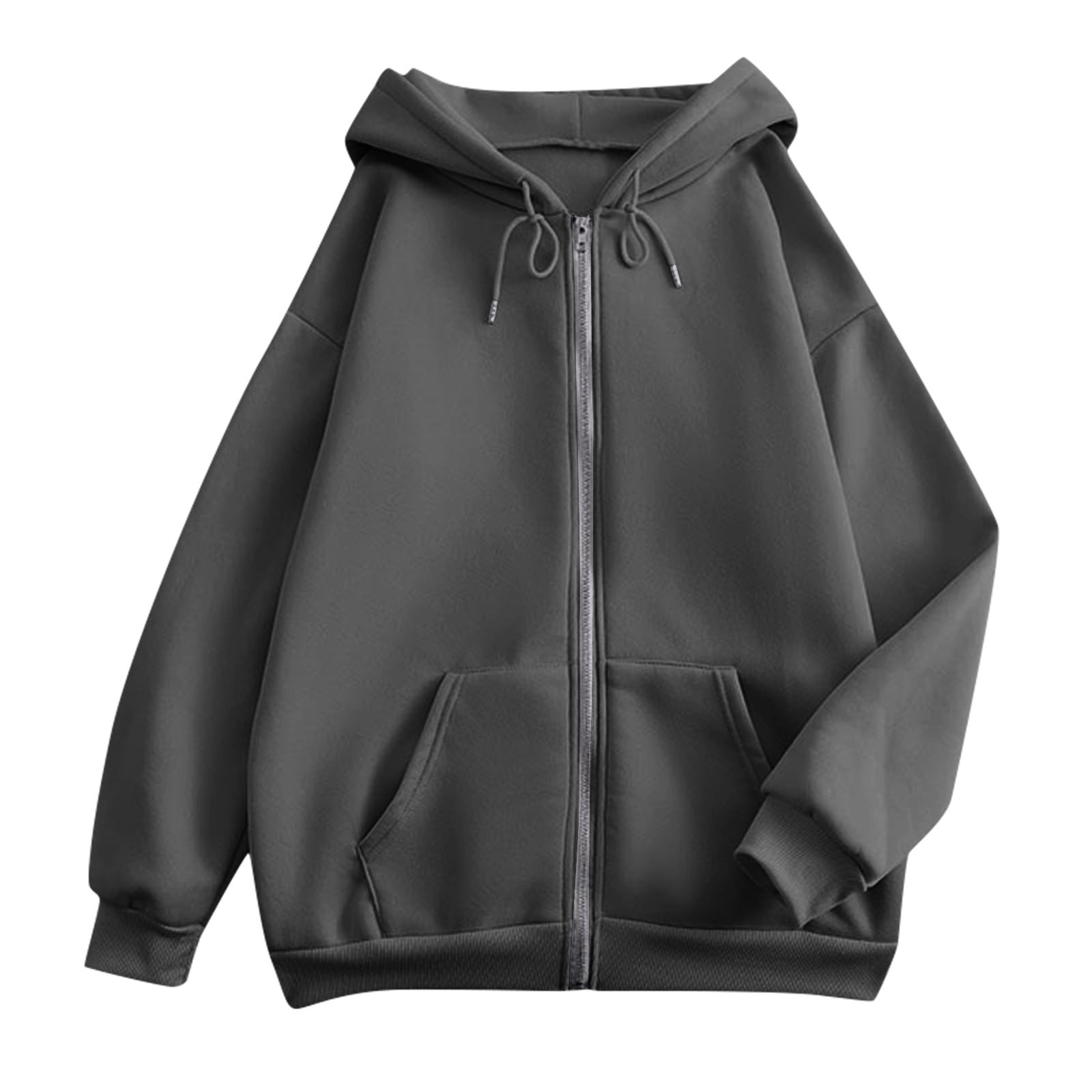 Charcoal gray zip-up hooded jacket with kangaroo pocket and drawstring hood
