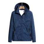 Lightweight rain jacket with hood, leaf print, front zipper, navy with dark trim