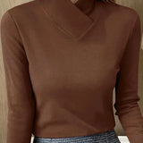 Women’s dark brown roll-neck long-sleeve sweater with V-shaped collar seam