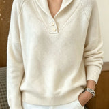 Women’s cream button-front V-neck long-sleeve sweater with ribbed collar and cuffs.