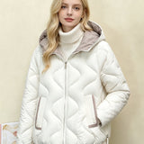 Offwhite quilted short jacket with hood, heart stitching, zip front and cuffed sleeves.