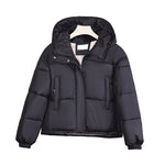 Black padded hooded jacket with stand collar, front zipper, and two pockets