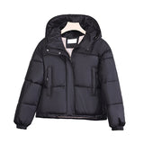 Black padded hooded jacket with stand collar, front zipper, and two pockets