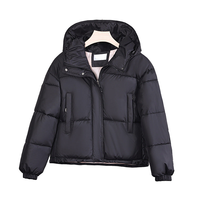 Black padded hooded jacket with stand collar, front zipper, and two pockets