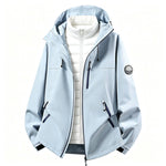 Women’s softshell outdoor jacket with removable puffer inner, light blue shell and white lining