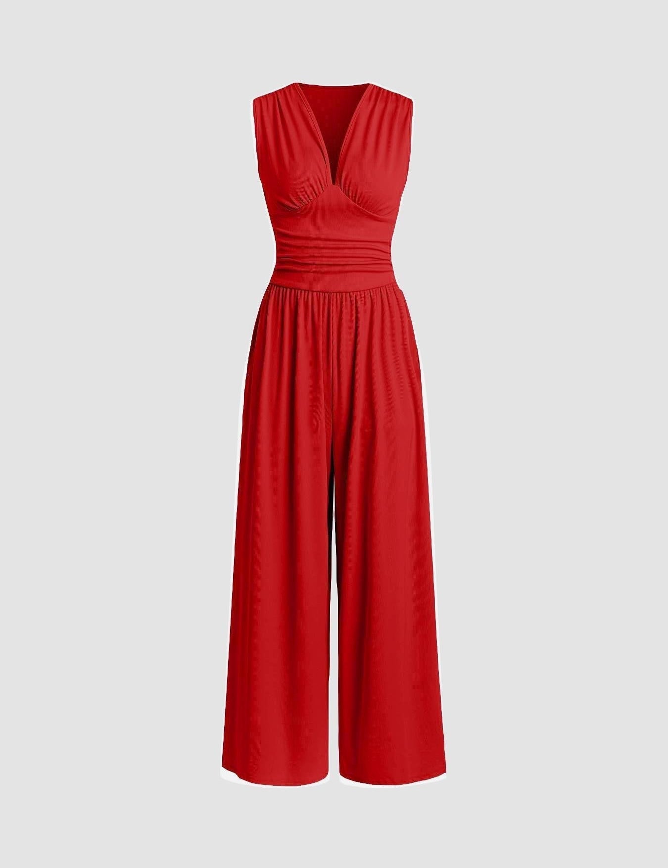 Red sleeveless wide-leg jumpsuit with V-neck and ruched waist