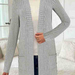 Longline rib-knit cardigan, long sleeves, open front, side pockets, light gray
