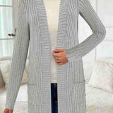 Longline rib-knit cardigan, long sleeves, open front, side pockets, light gray