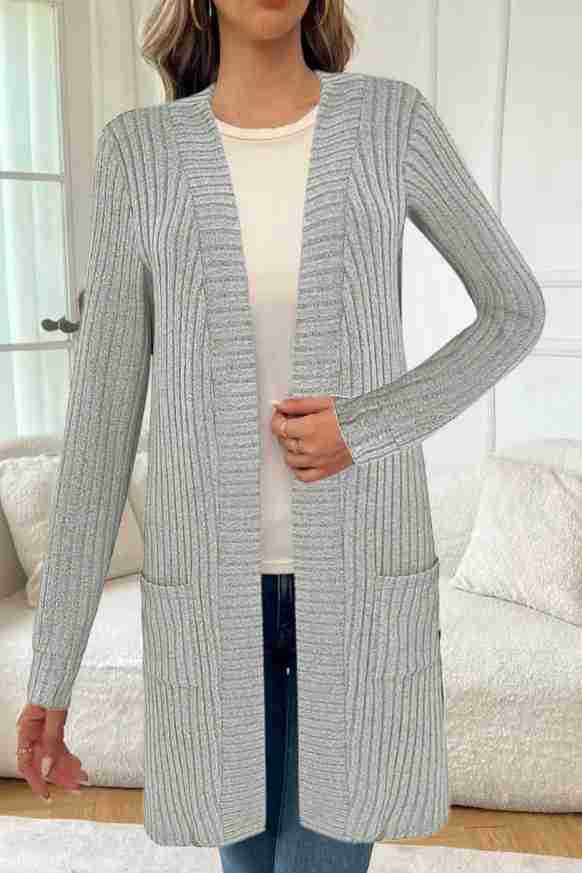 Longline rib-knit cardigan, long sleeves, open front, side pockets, light gray